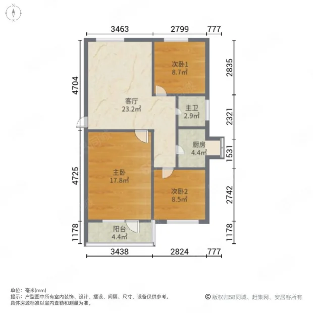 中煤三十一处家属院（联纺路72号院）  3室1厅1卫   47.00万户型图