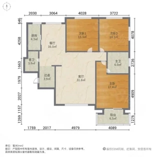 汉成华都西区  3室2厅2卫   138.00万户型图