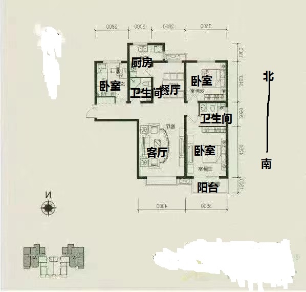 赵都新城金和园  3室2厅2卫   2100.00元/月户型图