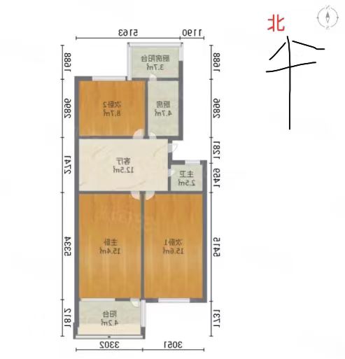 邯山南巷3号院  3室1厅1卫   1000.00元/月户型图