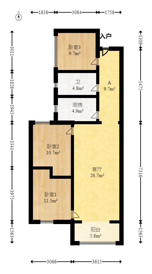 润屋美院  2室2厅1卫   89.00万室内图1
