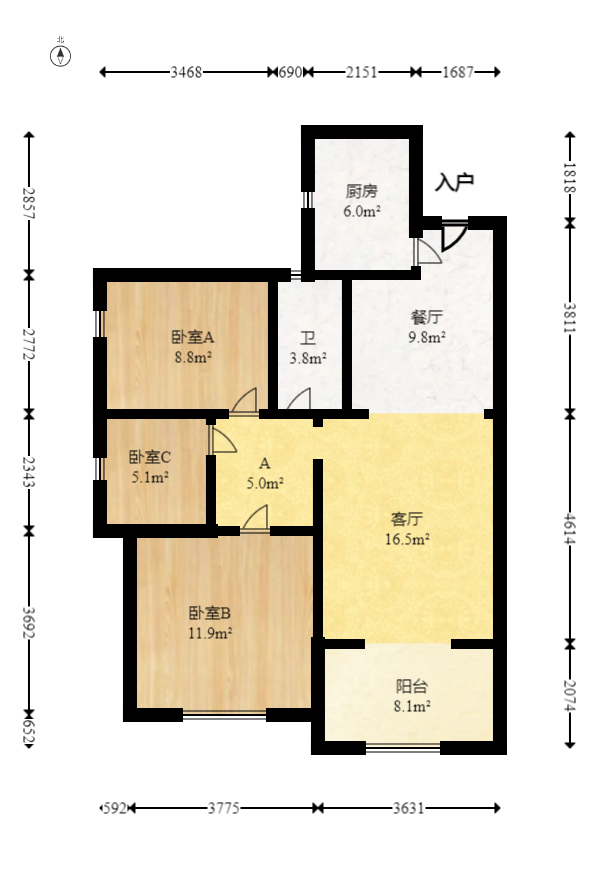 鑫天格林香山  3室2厅1卫   58.50万室内图1