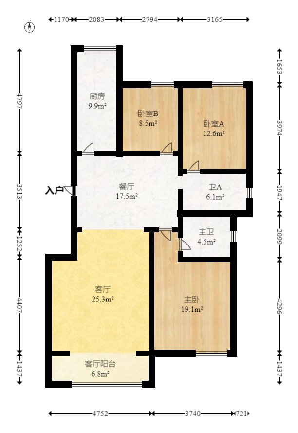 江岸景苑  3室2厅1卫   268.00万室内图1