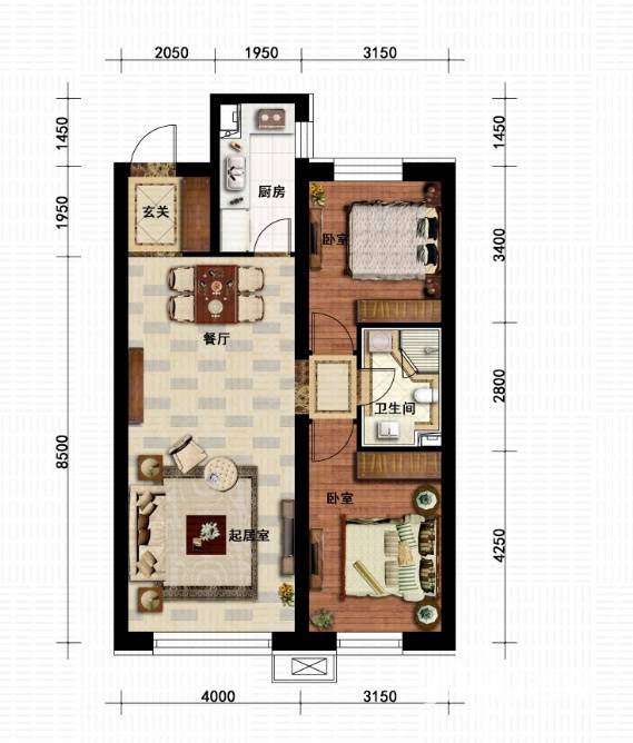 欣积福湾二期  2室2厅1卫   1080.00元/月户型图