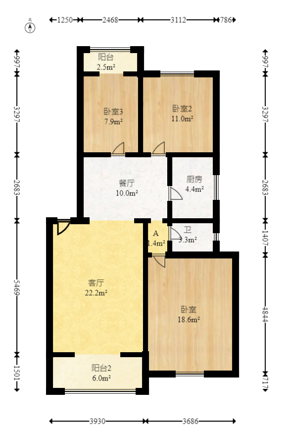 咸嘉新村悦峰园  3室2厅1卫   90.00万室内图1