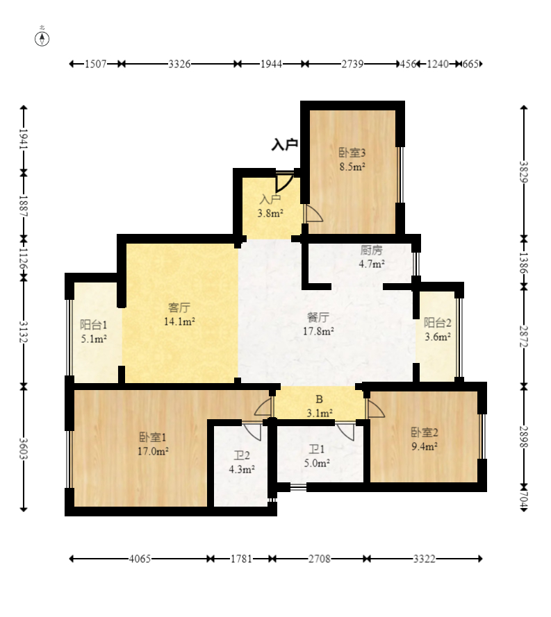中粮鸿云  3室2厅2卫   69.00万室内图1