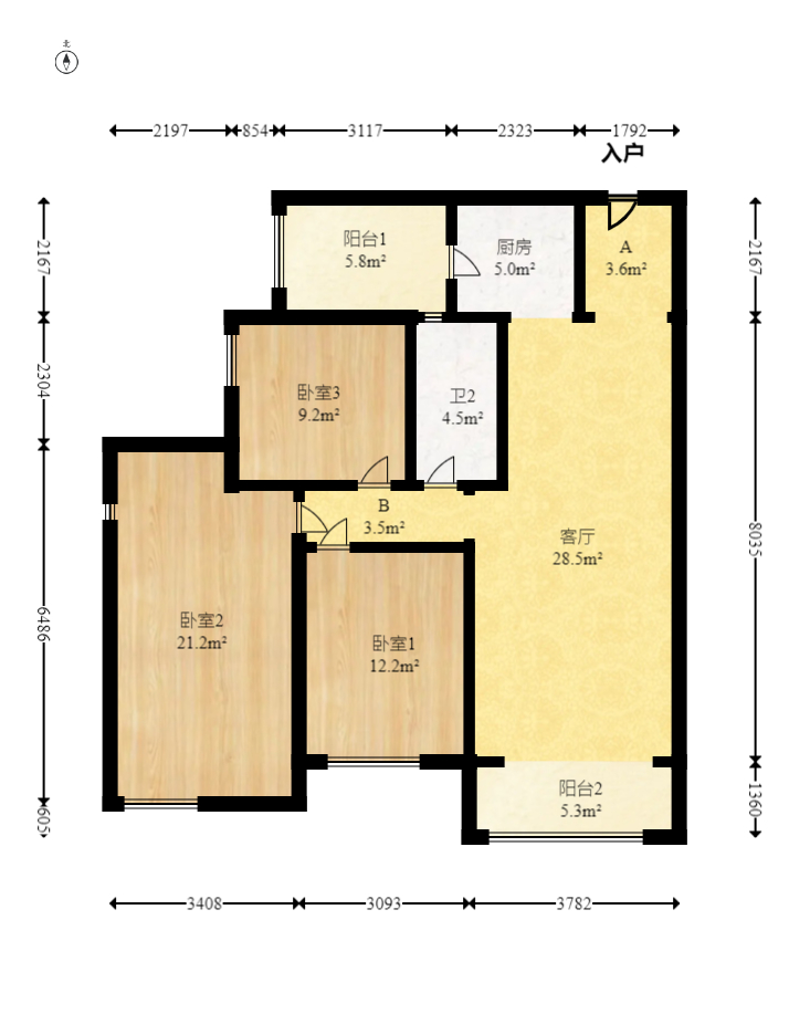 保利大都汇一期、二期  3室2厅1卫   148.00万室内图1