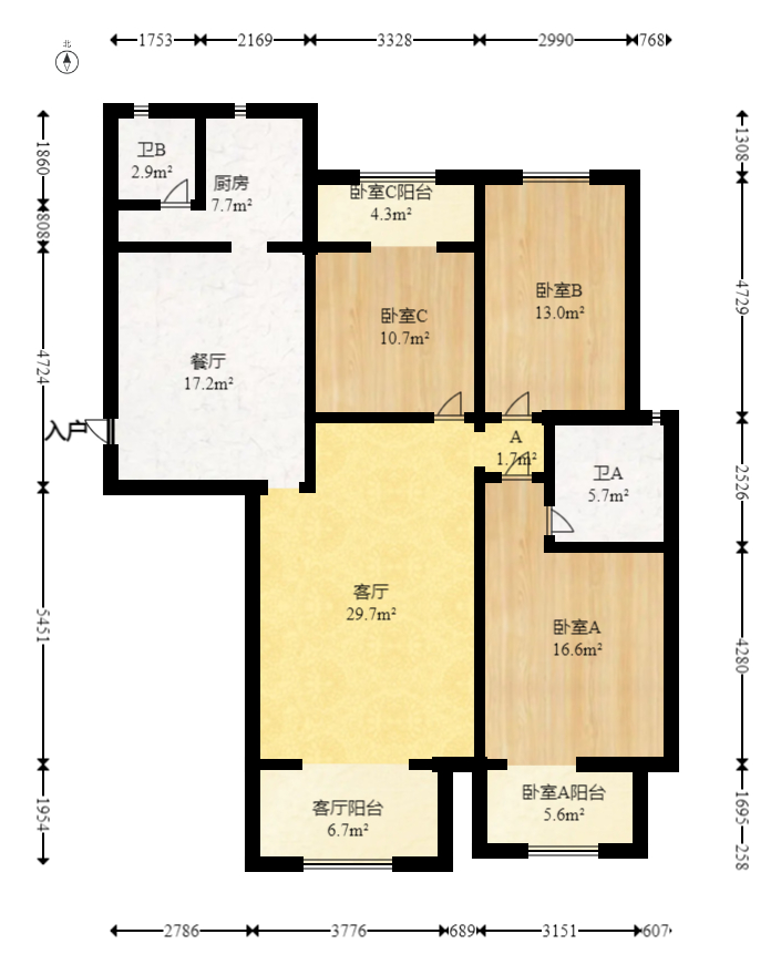 八方小区C区  3室2厅2卫   407.00万室内图1