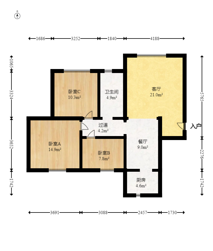 云鼎公馆  3室2厅1卫   88.00万室内图1