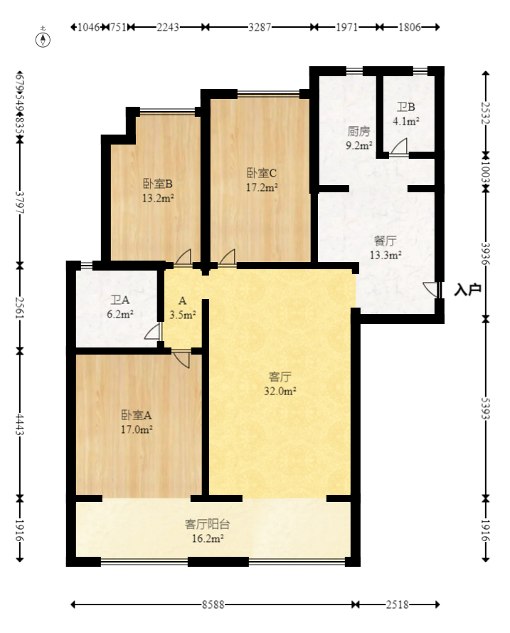 八方小区B区  3室2厅2卫    495.0万室内图1