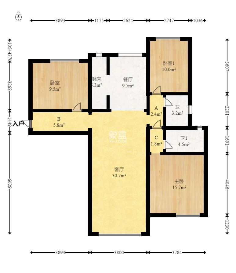 中国铁建国际城一期  2室2厅1卫   1900.00元/月户型图