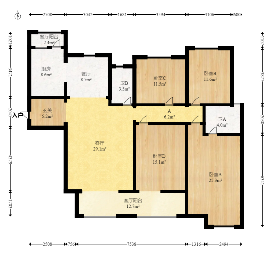 八方小区B区  4室2厅2卫   586.00万室内图1