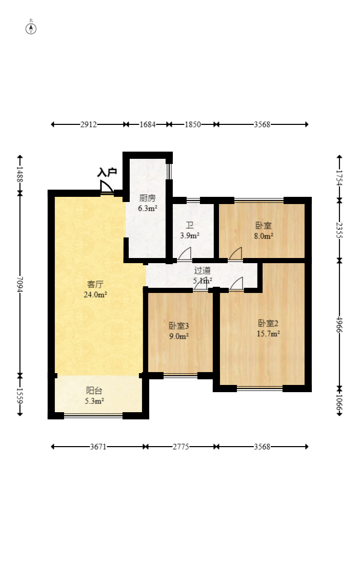 奥克斯缔壹城  3室2厅1卫    85.0万室内图1