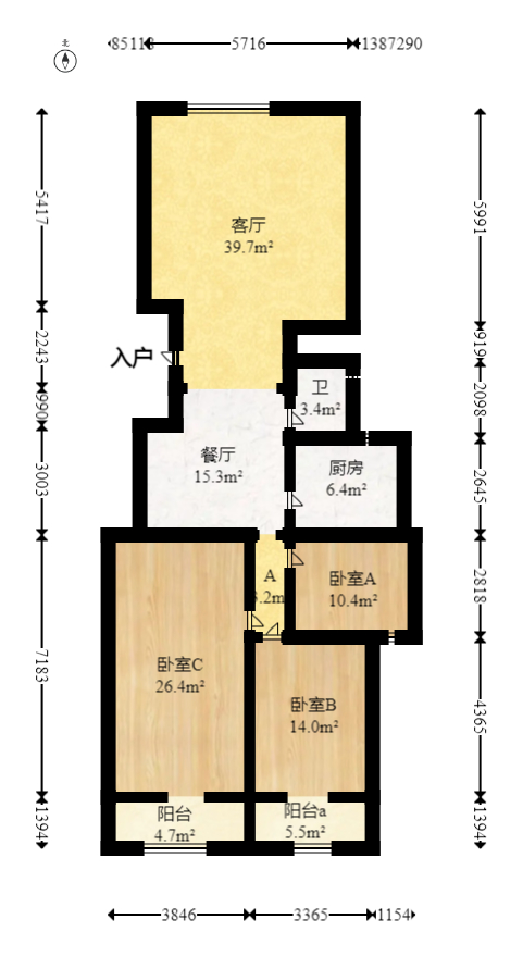 四季阳光花城  3室2厅2卫   165.00万室内图1