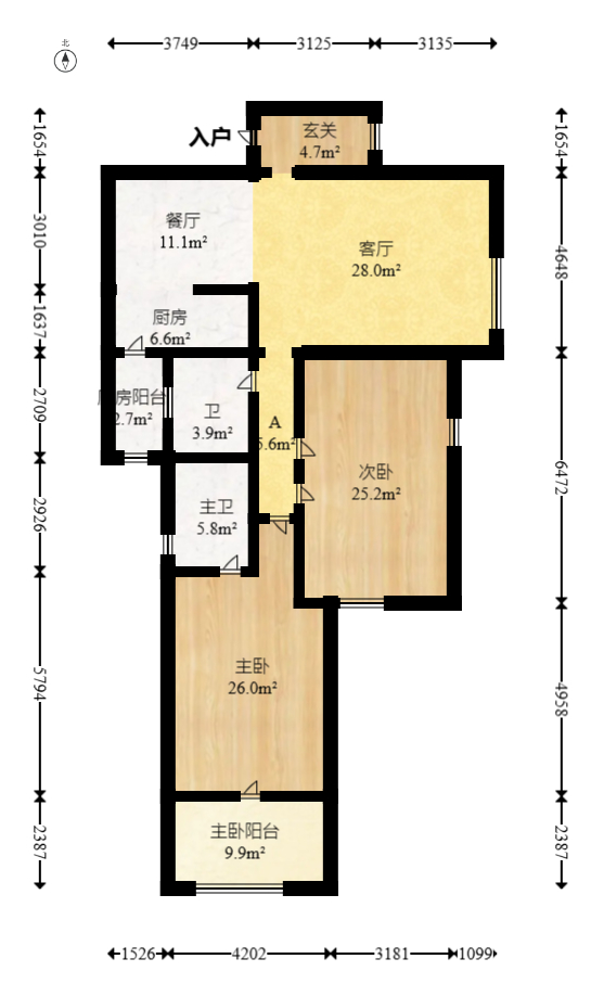 双湾国际（湘江御景花园）  3室2厅2卫   115.00万室内图1