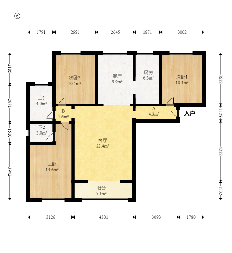奥凯花园  3室3厅2卫   104.00万室内图1