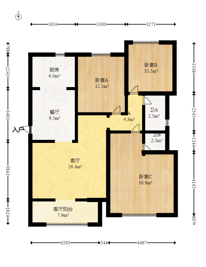 龙湖铂金中心（龙湖春江郦城）  3室2厅2卫   210.00万室内图1