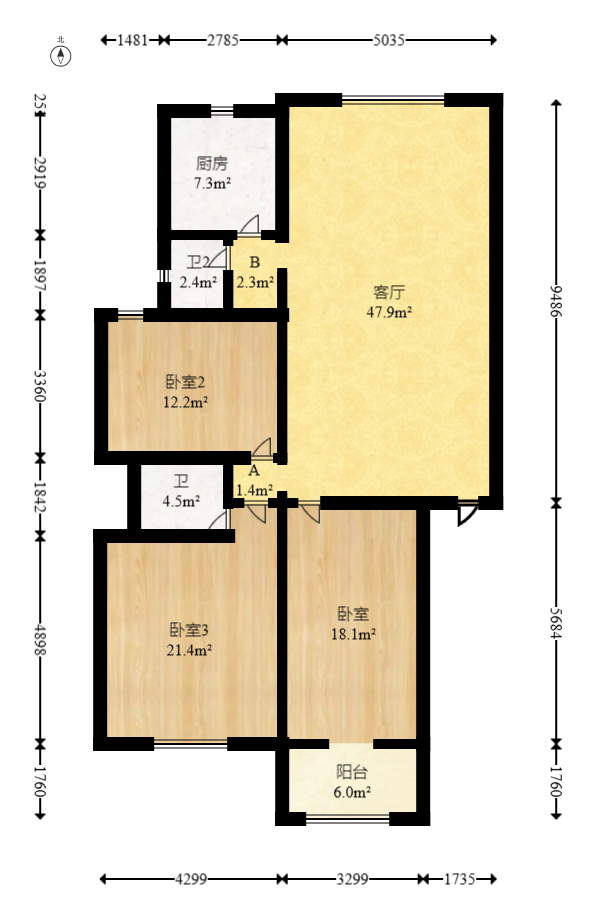 银晟花园  3室2厅1卫   67.80万室内图1