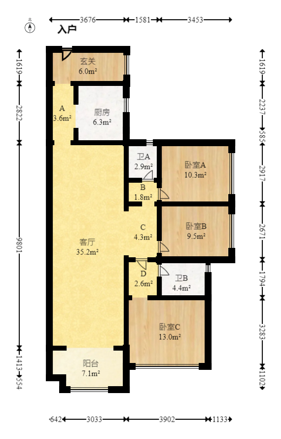藏珑湖上国际花园 3室2厅2卫 106.8万 藏珑湖上国际花园 3室2厅2卫 106.8万户型图