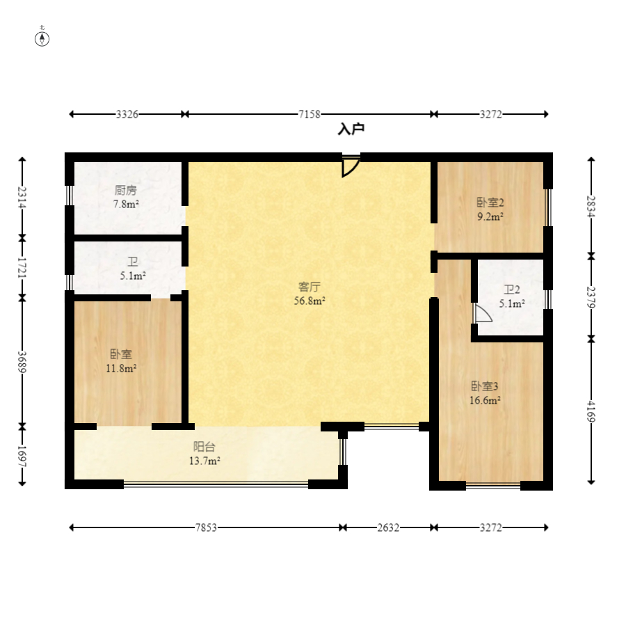 万象府台  3室2厅2卫   228.00万室内图1