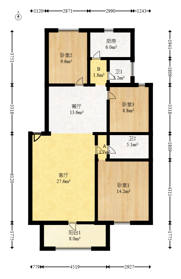 新桥小区  3室2厅2卫   68.00万室内图1