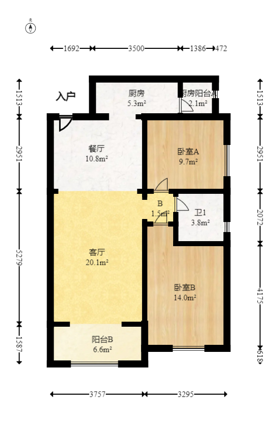 恒大绿洲  2室2厅1卫   85.00万室内图1