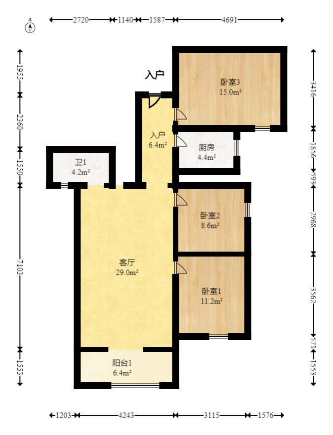 中粮鸿云  3室2厅1卫   49.00万室内图1