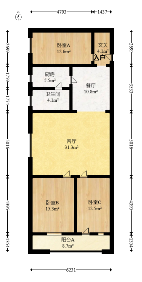 石子冲巷  3室2厅1卫   60.00万室内图1