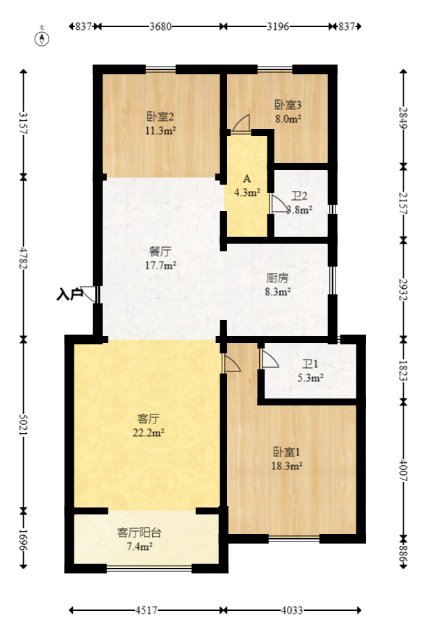 长沙润府  3室2厅2卫   190.00万室内图1