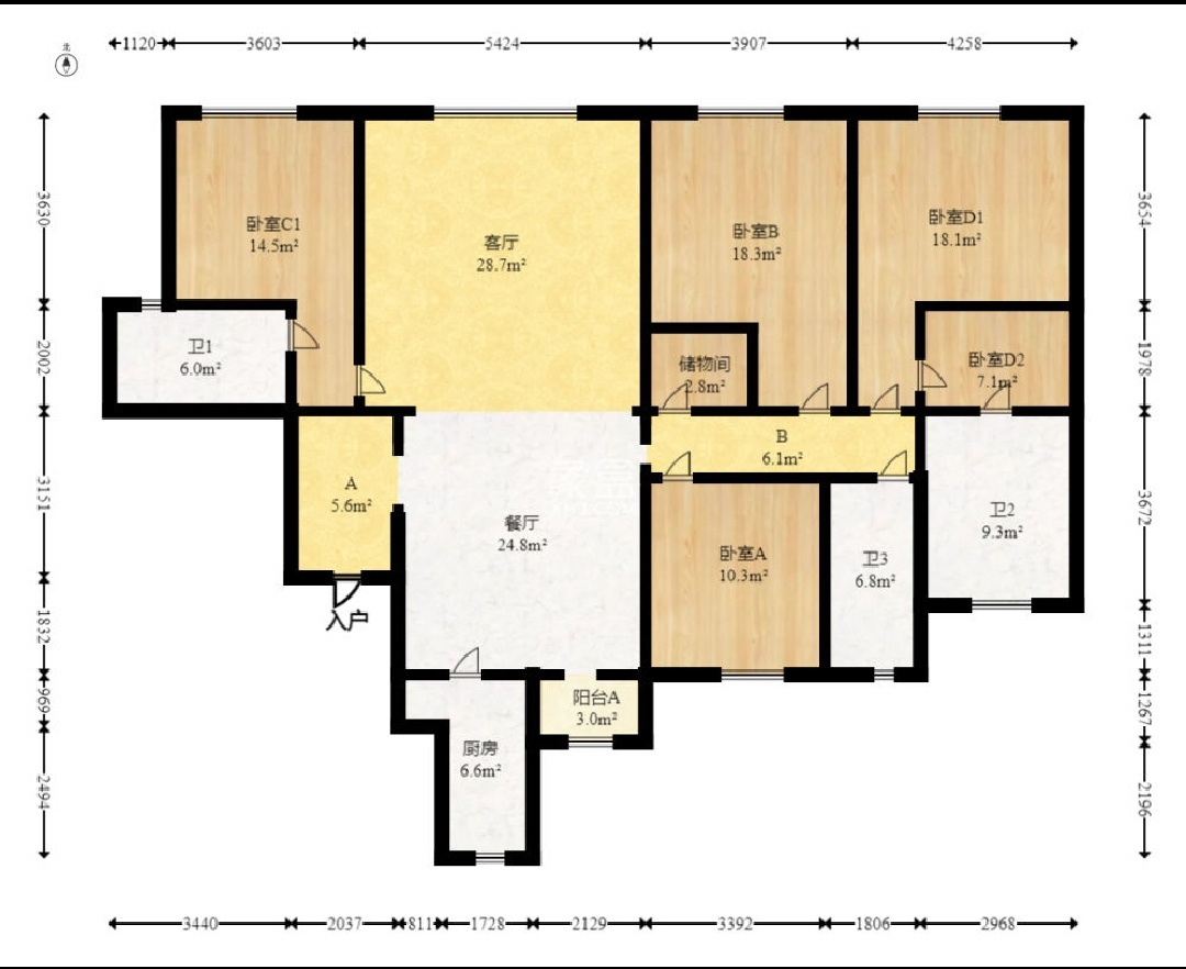 世茂璀璨天城 4室2厅3卫 2200.0元/月 世茂璀璨天城 4室2厅3卫 2200.0元/月户型图