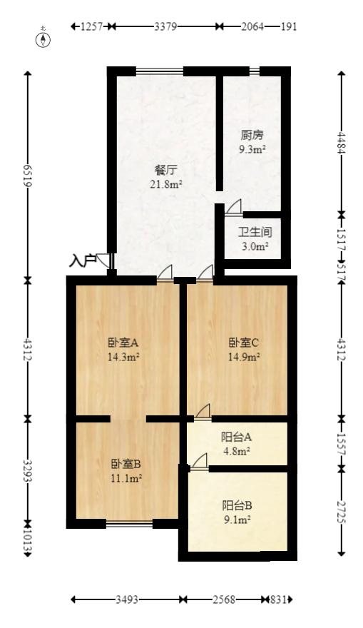 十一中学单位宿舍  3室1厅1卫   52.50万室内图1