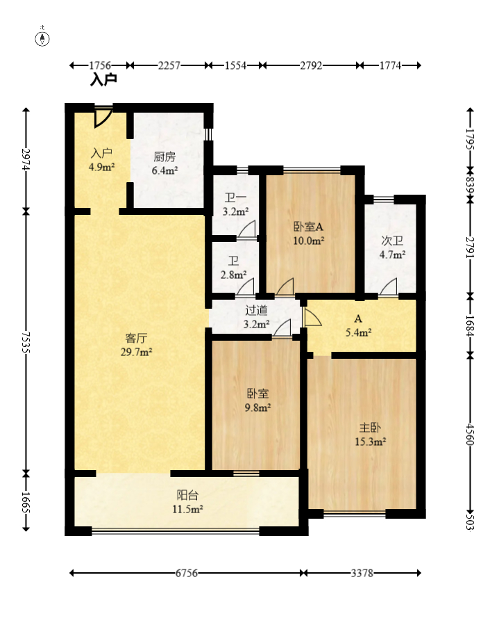 弘坤东昇  3室2厅2卫   82.00万室内图1