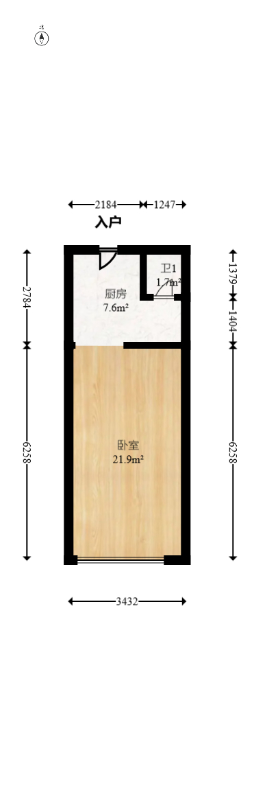 长房东旭国际  1室1厅1卫   46.00万室内图1