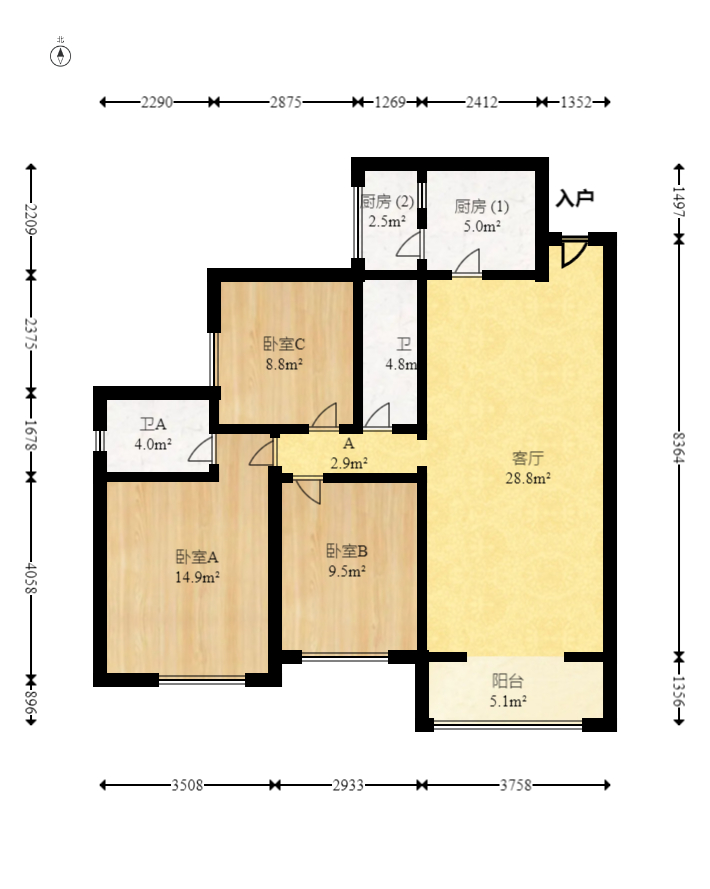 振业城三期  3室2厅2卫   160.00万室内图1