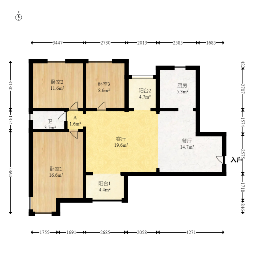兴威帕克水岸  3室1厅1卫   108.00万室内图1