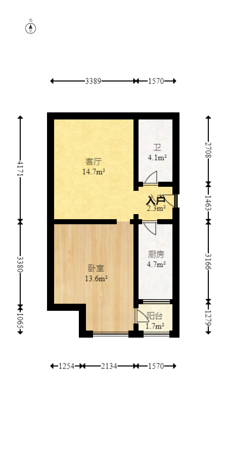 北辰三角洲E3区  1室1厅1卫   62.50万室内图1