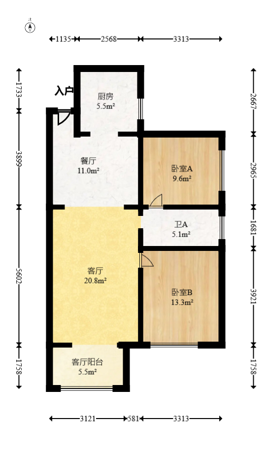 钰龙天下二期（钰龙佳园）  2室2厅1卫   208.00万室内图1