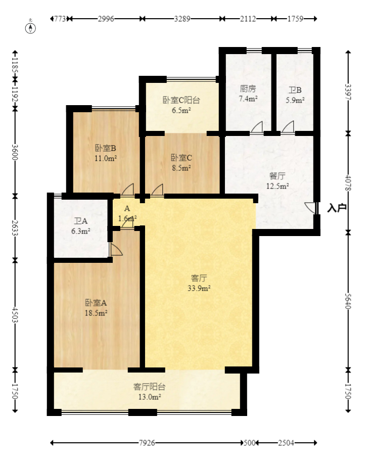 八方小区B区  1室2厅2卫   508.00万室内图1