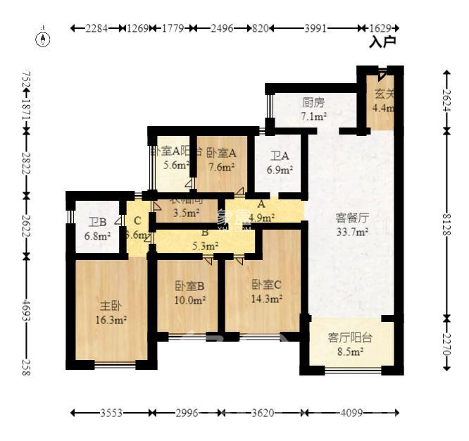 山水誉峰  4室2厅1卫   3800.00元/月户型图