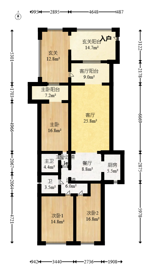 幸福考拉  3室2厅2卫   168.00万室内图1