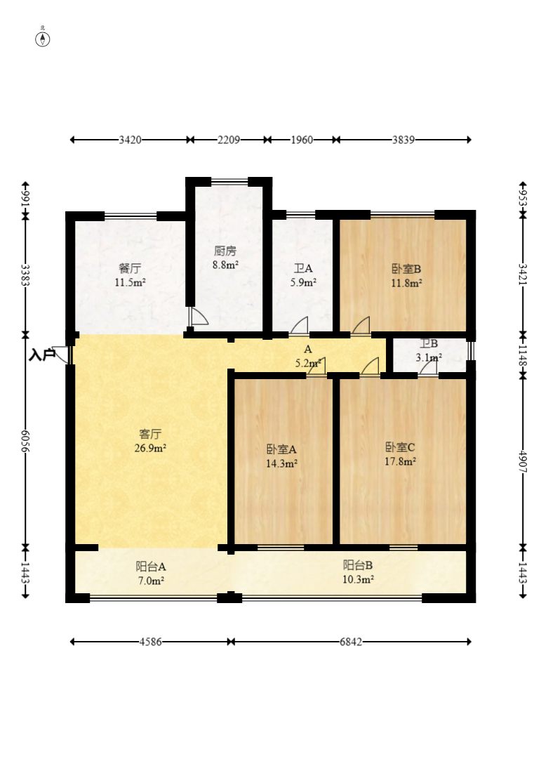 开福区私房散盘 3室2厅2卫 96.0万 开福区私房散盘 3室2厅2卫 96.0万户型图