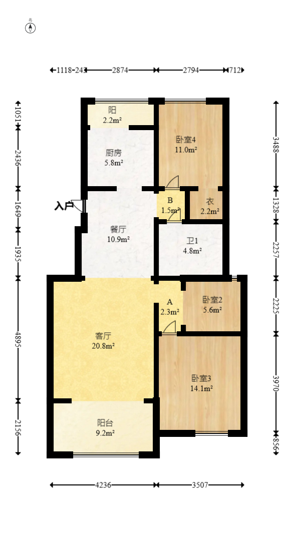 茂华国际湘  3室2厅1卫   110.00万室内图1