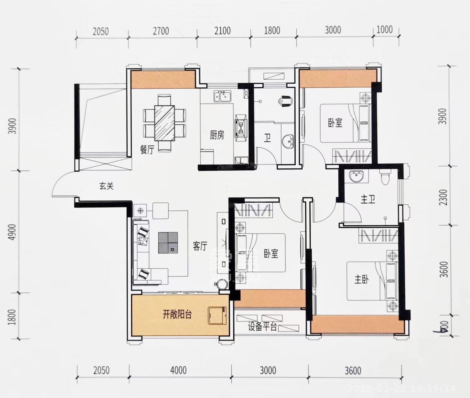 九华新都汇  3室2厅2卫   1600.00元/月室内图1