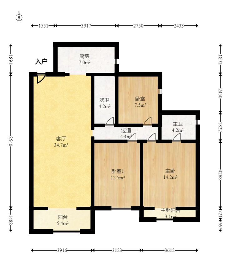 先锋东外滩  3室2厅2卫   105.00万室内图1