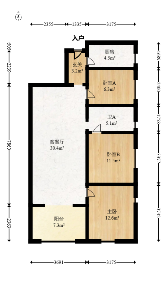 保利西海岸B区  3室2厅1卫   125.00万室内图1