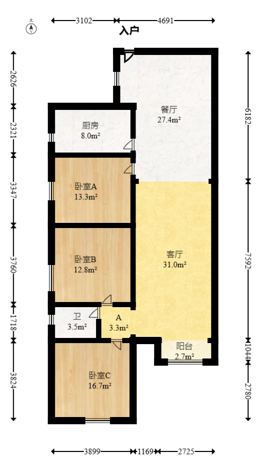 悦湖山  3室2厅1卫    75.0万 悦湖山  3室2厅1卫    75.0万户型图