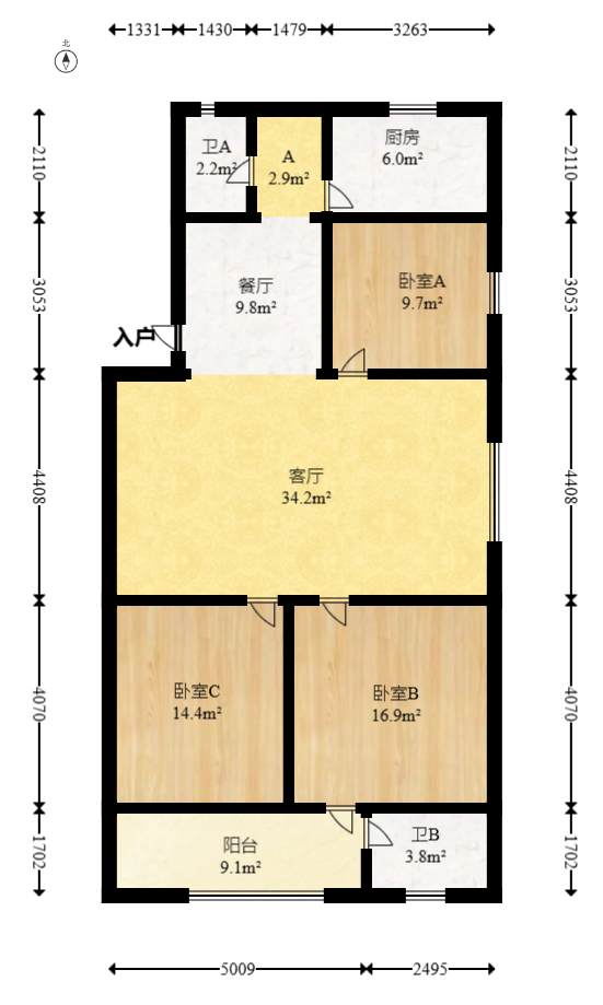 湘春路建行宿舍(佘家塘巷7号)  3室2厅2卫   98.00万室内图1