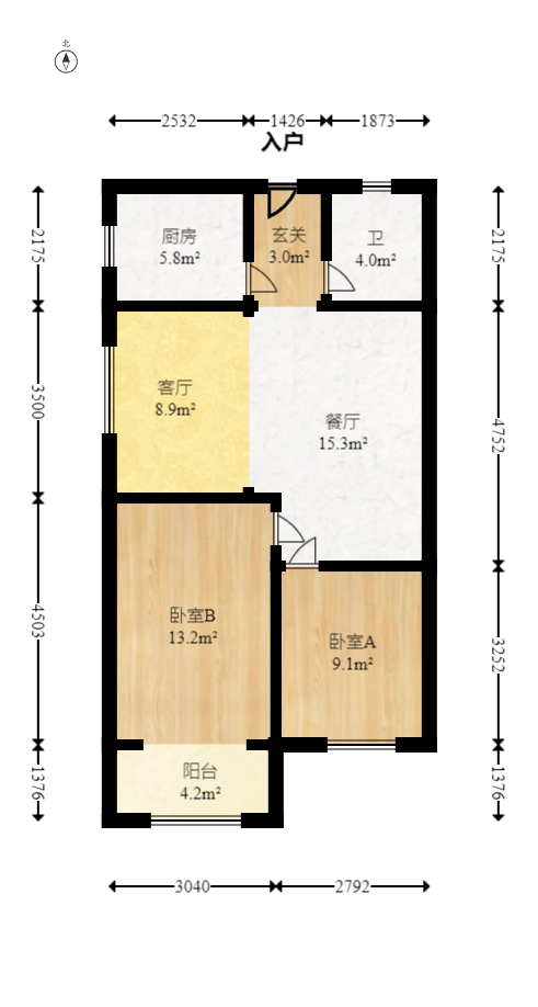 公园9号大都会  2室2厅1卫   128.00万室内图1