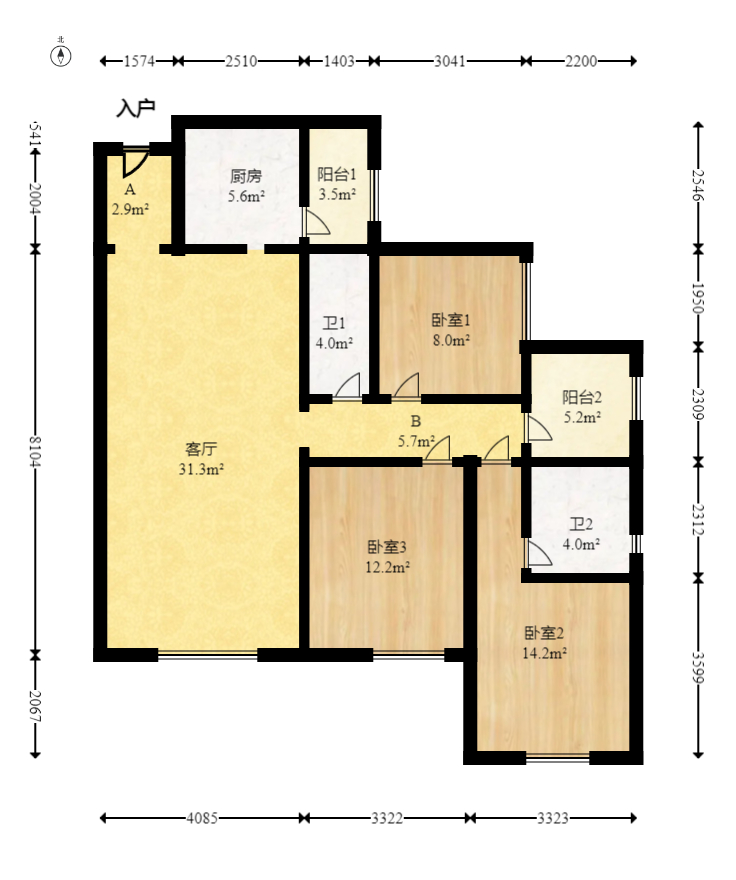 国欣向荣府  3室2厅2卫   145.00万室内图1