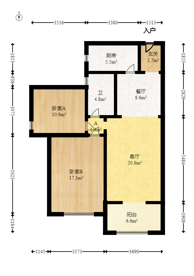 香江锦城  2室2厅1卫   95.00万室内图1